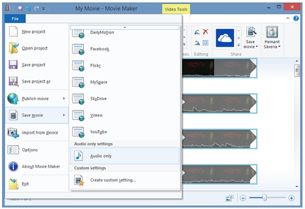 splitting video and audio in windows live movie maker