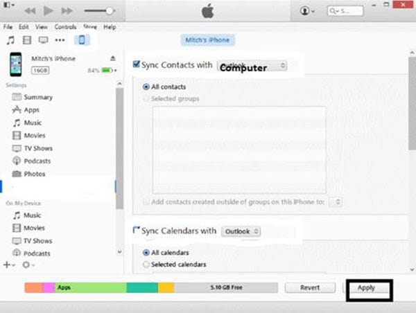 Click Apply to transfer contacts from iPhone to Computer