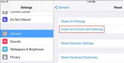 choose Erase All Contents and Settings