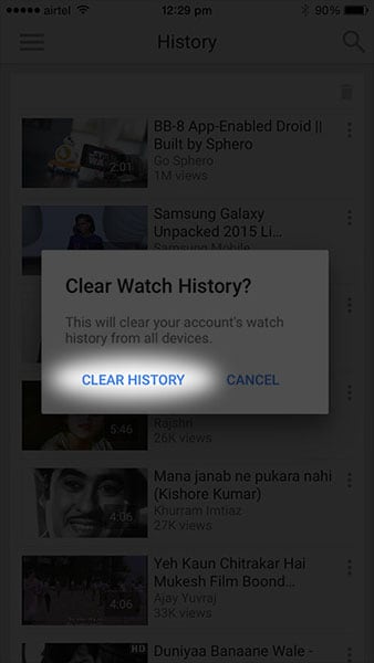 Clear YouTube History on iPhone
