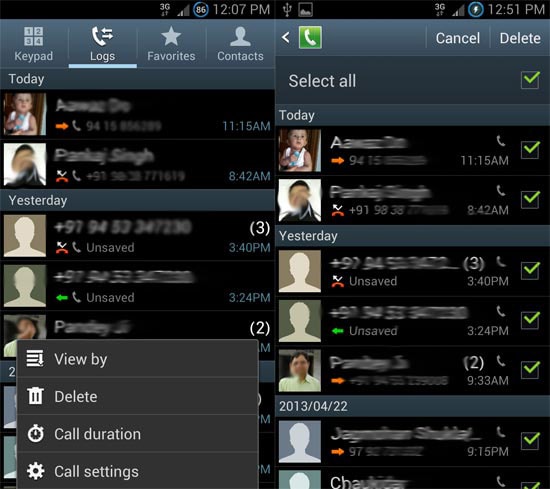 delete phone calls from Android