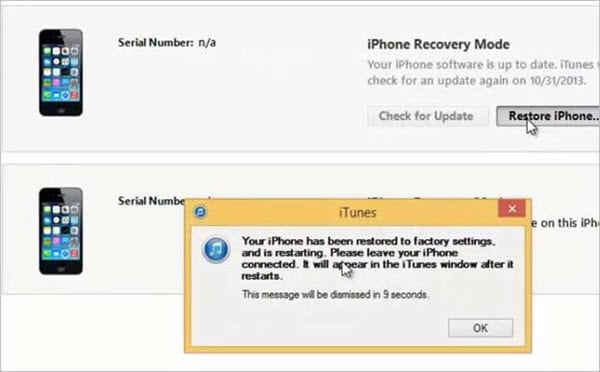 Click Restore iPhone start doing a reset