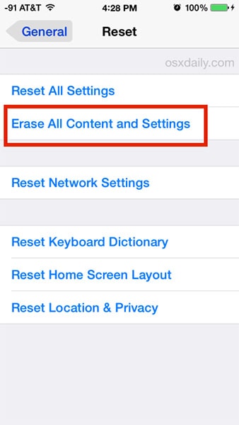tap Erase All Contents and Settings