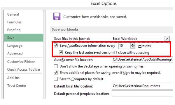 auto recuperación de excel