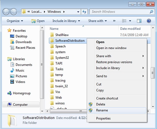 delete windows update files using Windows Explorer