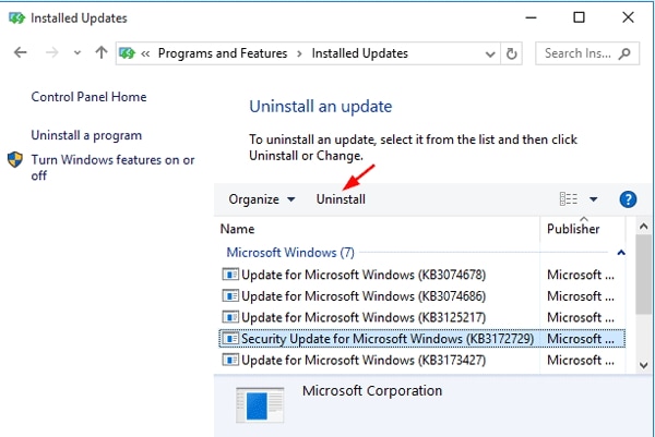 delete windows update files in control panel