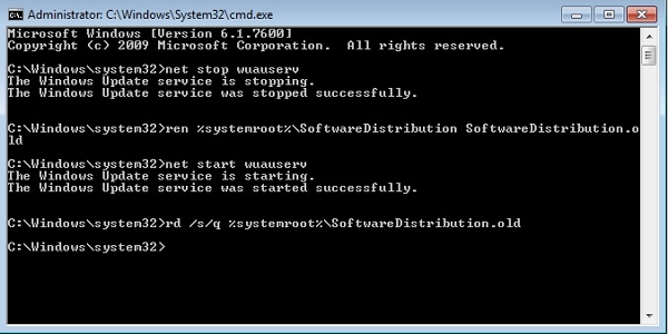 delete windows update files using Command Prompt