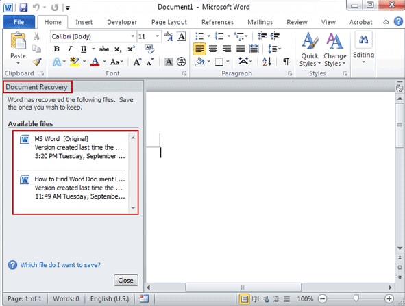 restart word document