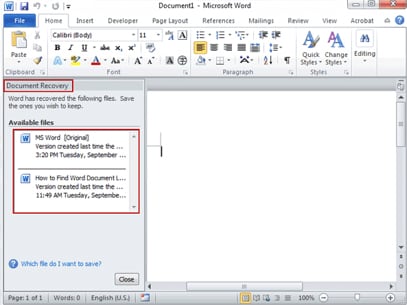 retrieve lost word document in MS