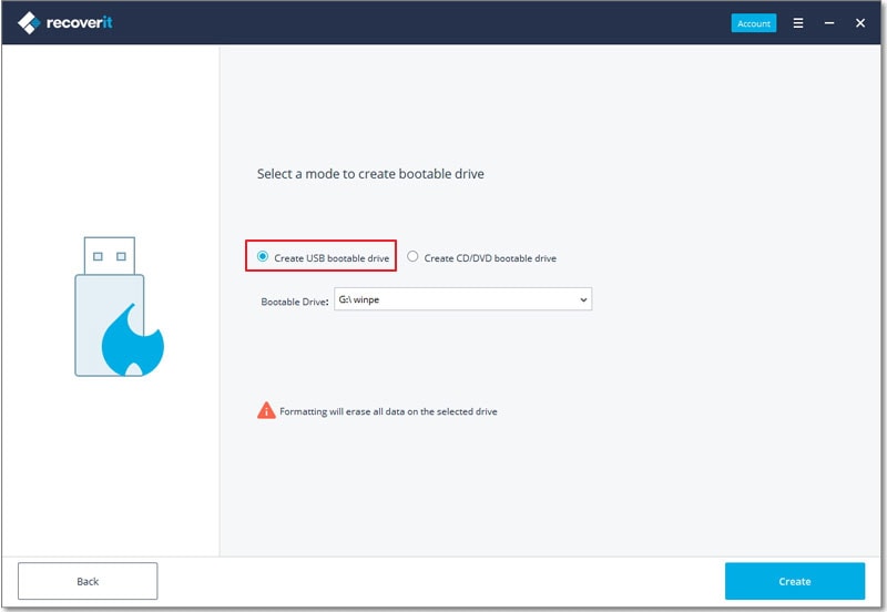 select a drive create bootable media file