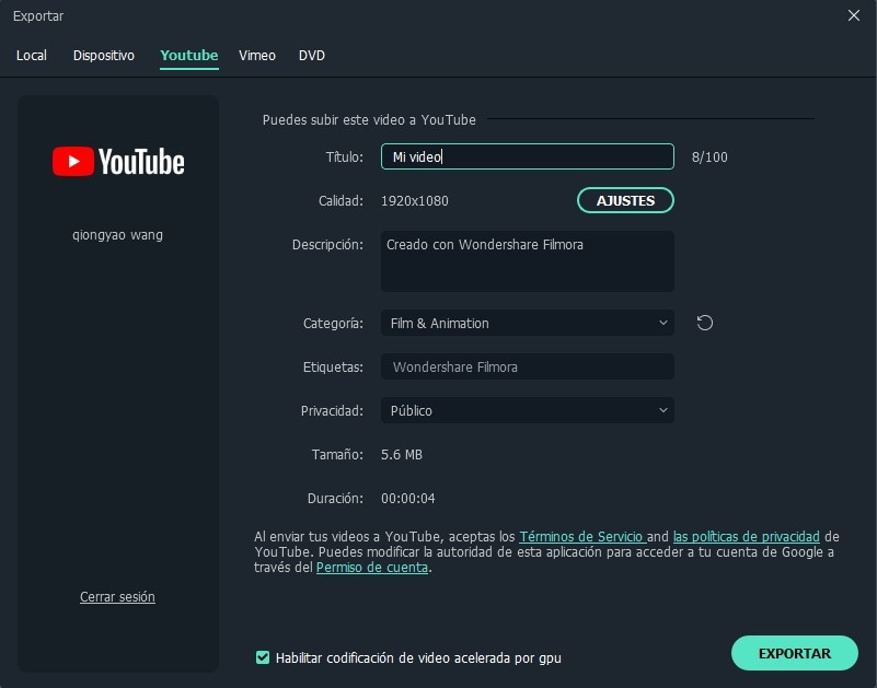 exportar el vídeo a youtube