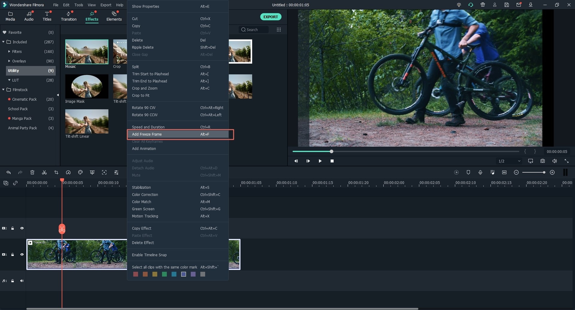 Стоп-кадр в Filmora Video Editor