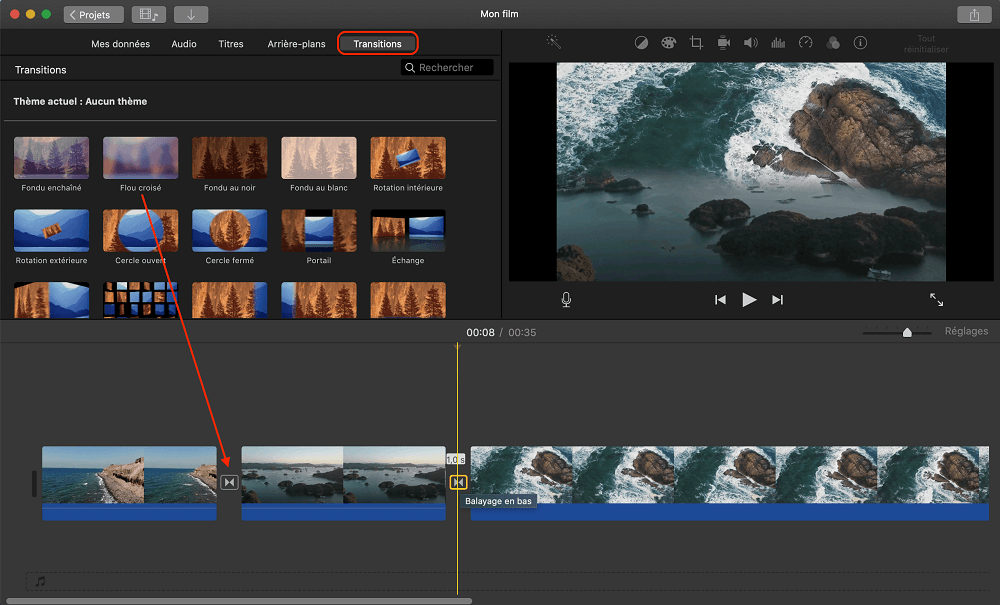 ajouter transition utilisant imovie