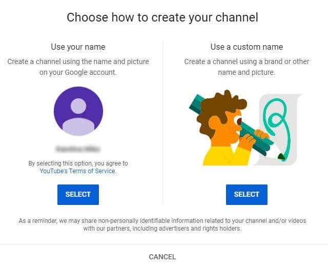 create youtube channel choose account