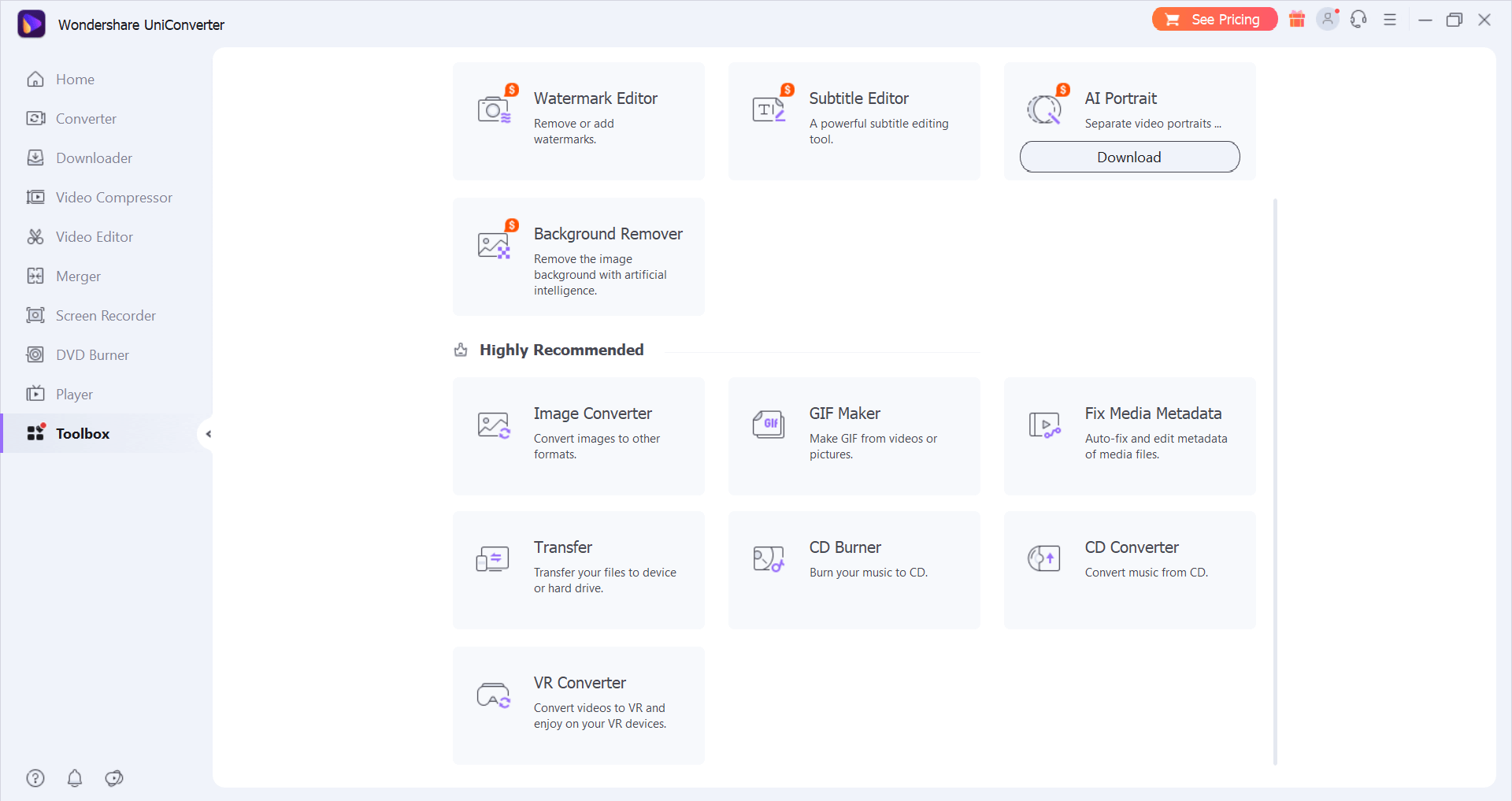 toolbox menu in uniconverter