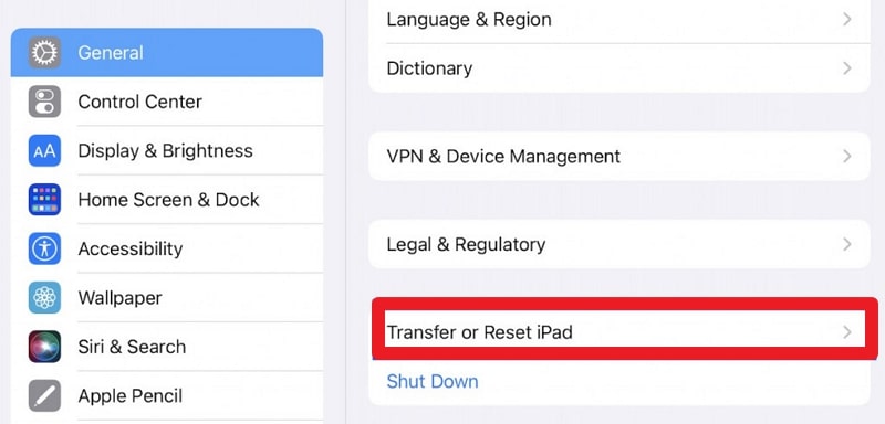 select transfer or reset ipad