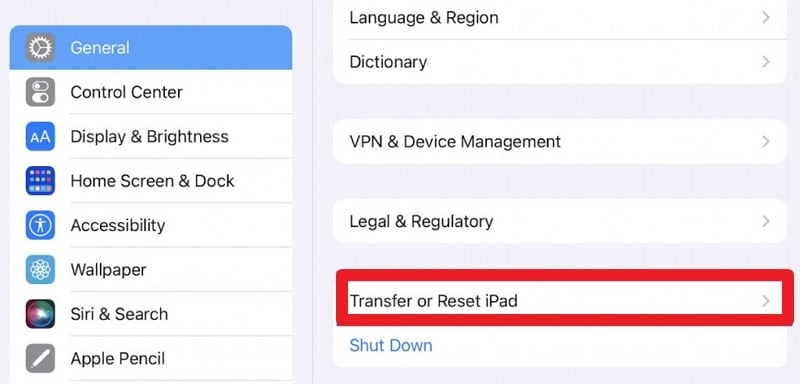 select transfer or reset ipad