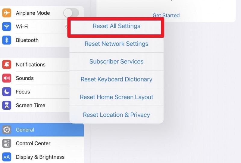 reset the ipad settings