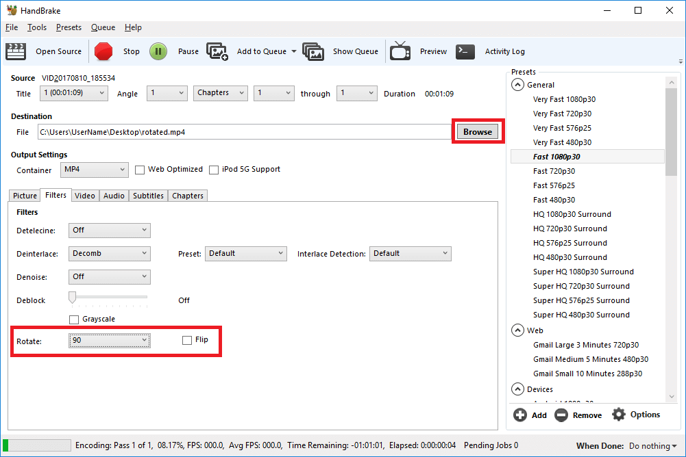 handbrake rotate video
