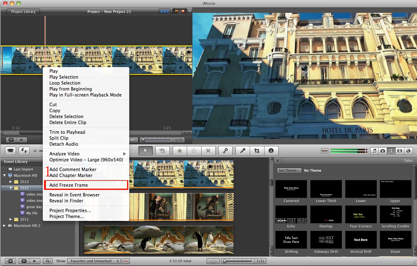 freeze frame in imovie on mac os x