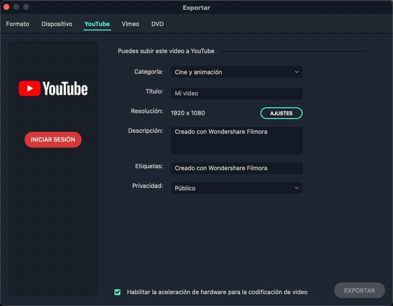 exportar a youtube