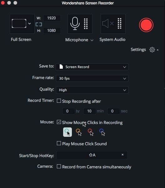 screen recorder settings