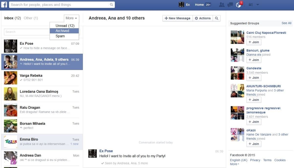 archived facebook messages