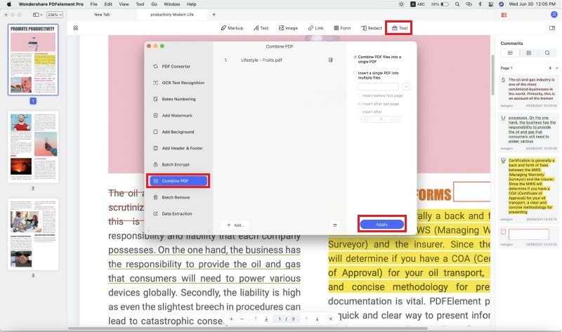 start combining pdf