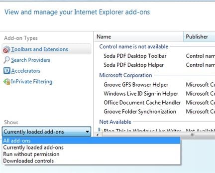 disable add ons to open explorer