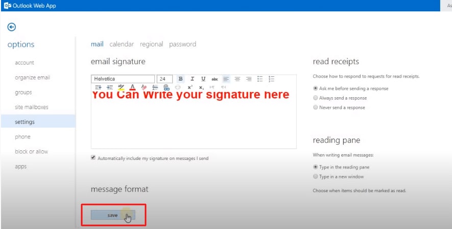 ajouter la signature de l'email dans l'application web outlook