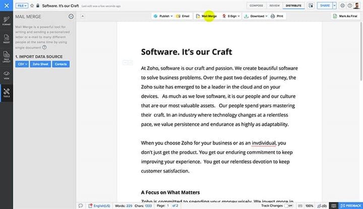 zoho writer word editor