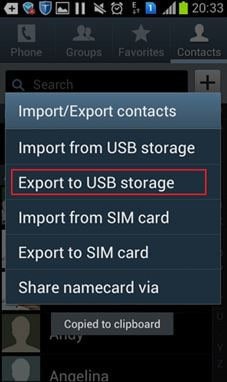 Choose Export to USB storage