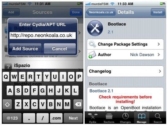 install Bootlace in Cydia