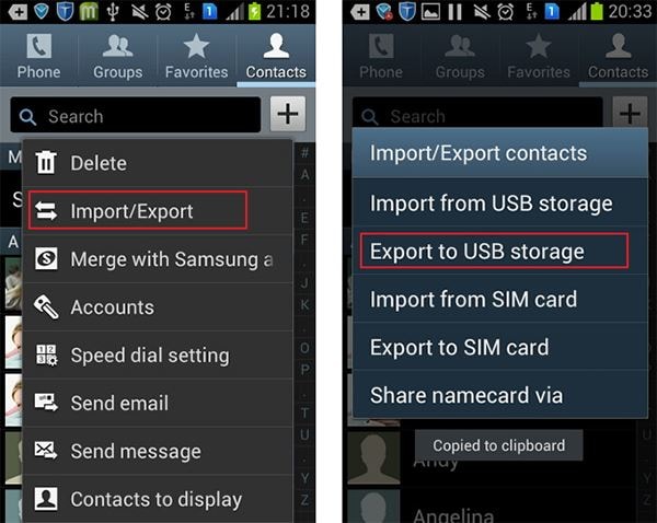 samsung export contacts to USB storage