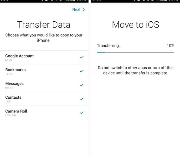 transfer contents from Android to iOS 10