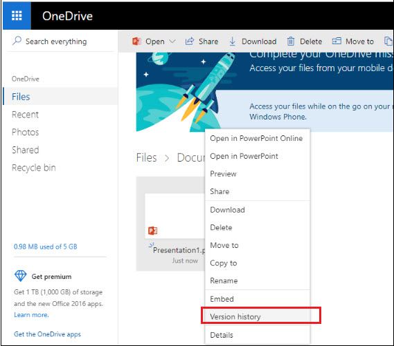 restore deleted powerpoint from onedrive