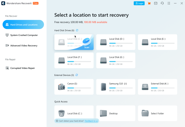select a file location to start data recovery