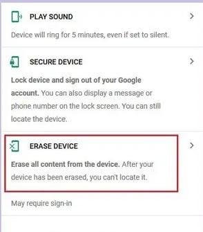 selecting the erase device option for the lenovo phone