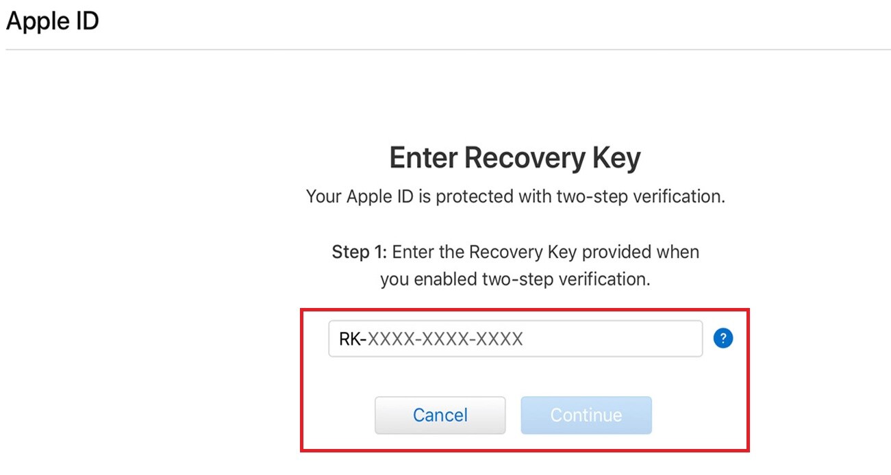 enter recovery key to unlock apple id