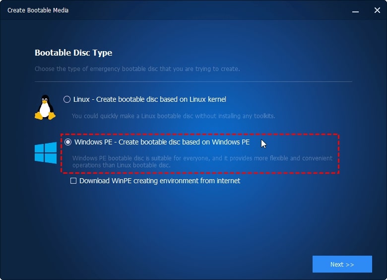select windows pe option