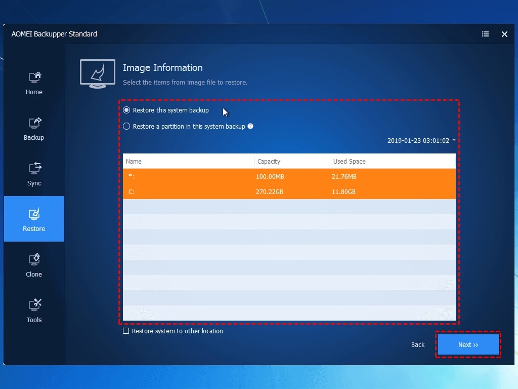 choose restore the system backup