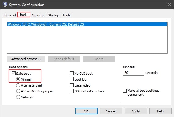 enable safe boot and minimal