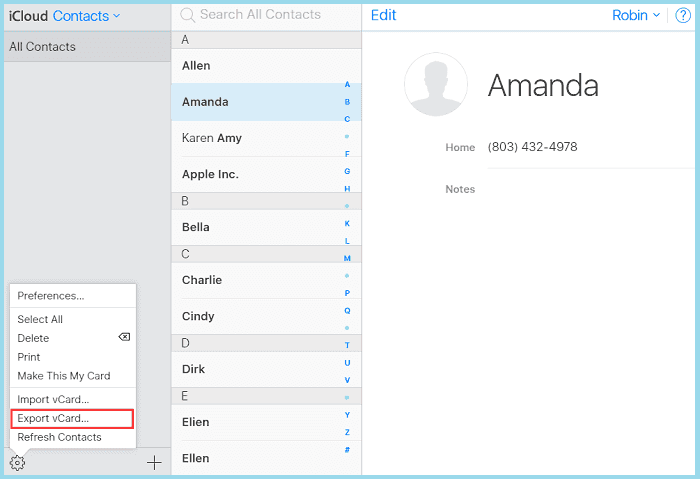 export the selected contacts as a vCard