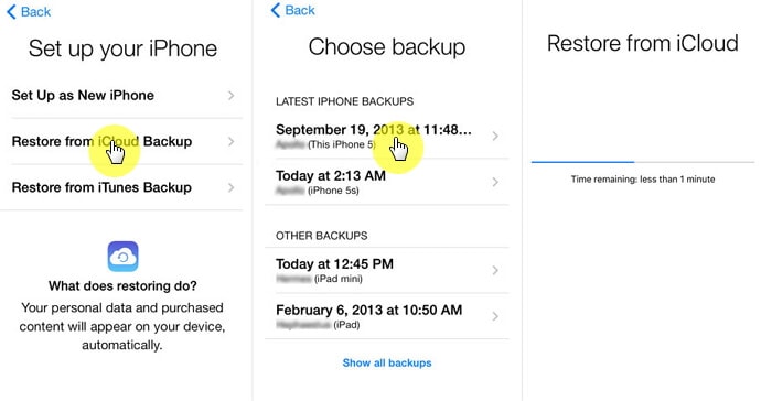restore the content of the iCloud backup