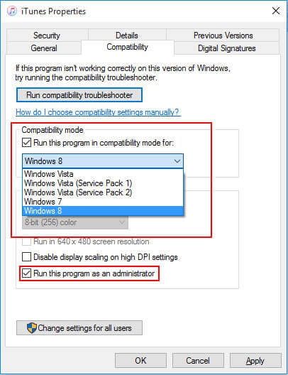Run iTunes in Compatibility Mode on Windows 10