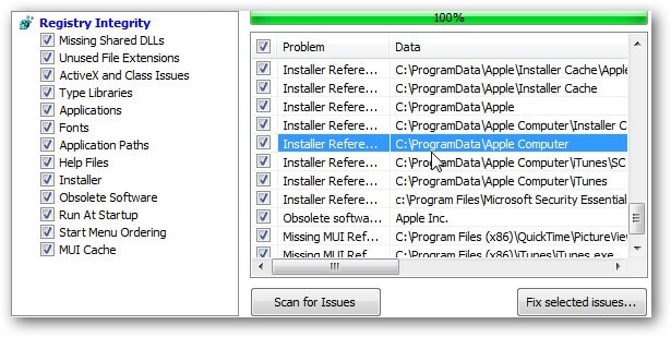 Select the fix registry issues