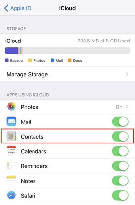 turn on the backup option for Contacts