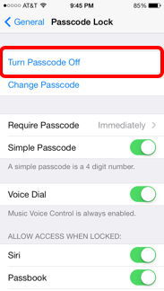turn passcode off on iphone