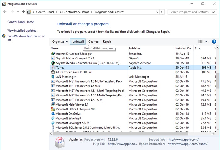 uninstall iTunes on Windows