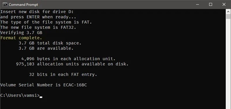 finished formatting process of usb drive to fat32